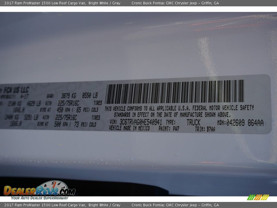 2017 Ram ProMaster 1500 Low Roof Cargo Van Bright White / Gray Photo #14