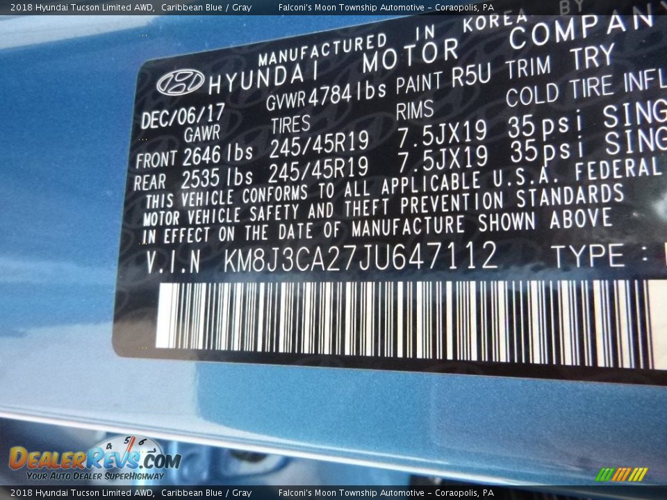 2018 Hyundai Tucson Limited AWD Caribbean Blue / Gray Photo #11