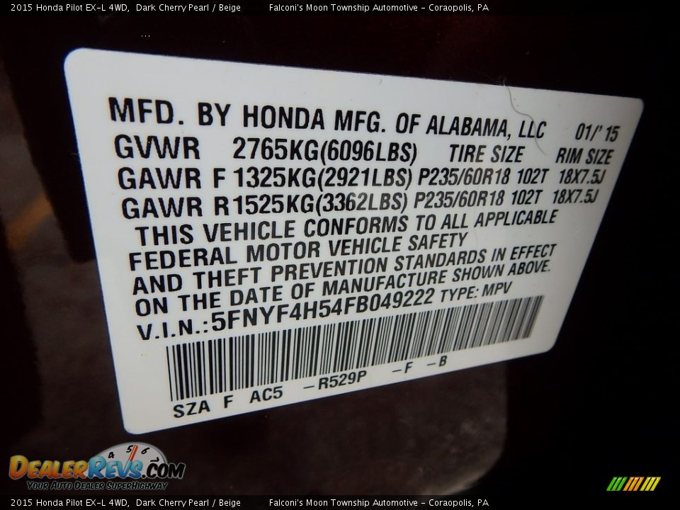 2015 Honda Pilot EX-L 4WD Dark Cherry Pearl / Beige Photo #23