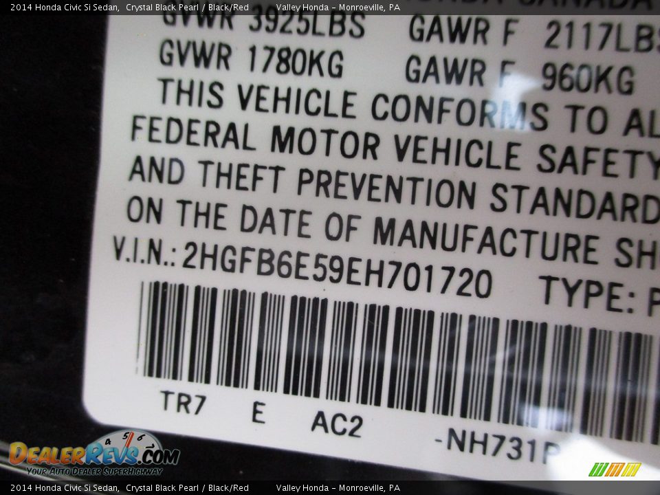 2014 Honda Civic Si Sedan Crystal Black Pearl / Black/Red Photo #19