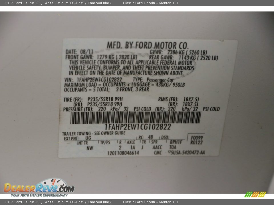 2012 Ford Taurus SEL White Platinum Tri-Coat / Charcoal Black Photo #18