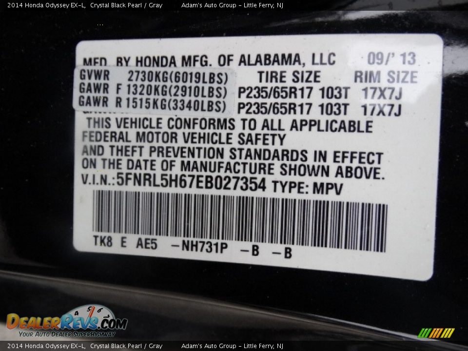 2014 Honda Odyssey EX-L Crystal Black Pearl / Gray Photo #32