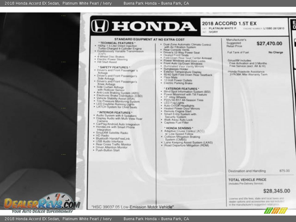 2018 Honda Accord EX Sedan Platinum White Pearl / Ivory Photo #26