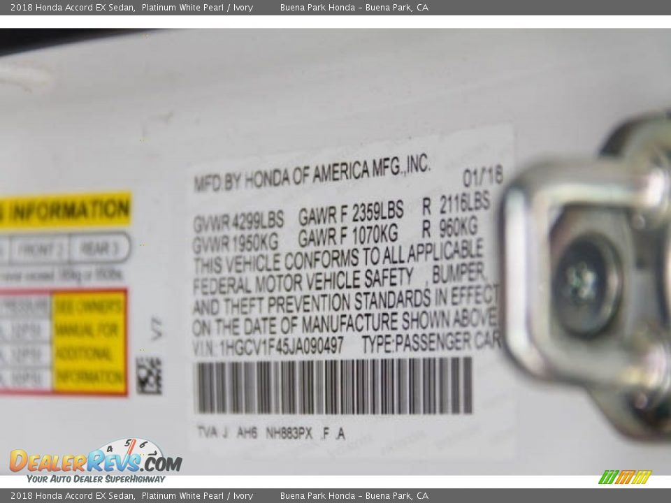2018 Honda Accord EX Sedan Platinum White Pearl / Ivory Photo #28