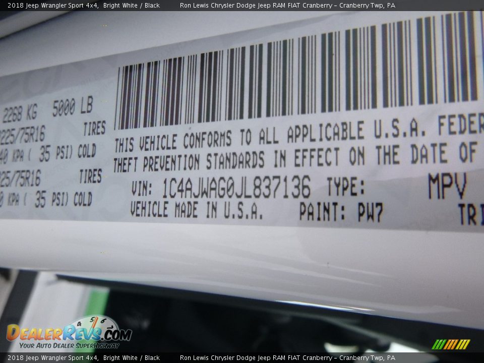 2018 Jeep Wrangler Sport 4x4 Bright White / Black Photo #14
