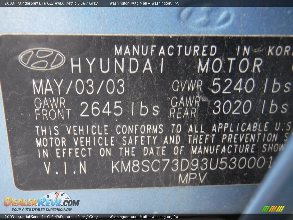 2003 Hyundai Santa Fe GLS 4WD Arctic Blue / Gray Photo #19