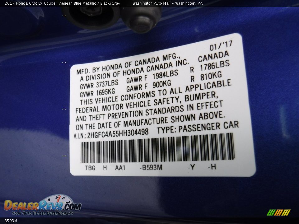 Honda Color Code B593M Aegean Blue Metallic