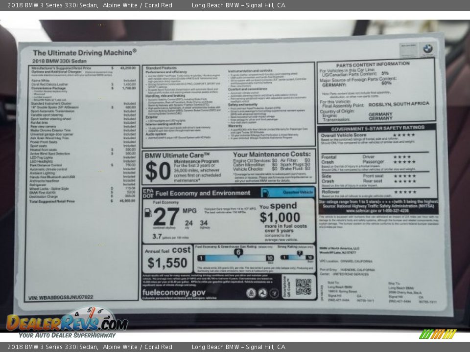 2018 BMW 3 Series 330i Sedan Alpine White / Coral Red Photo #10