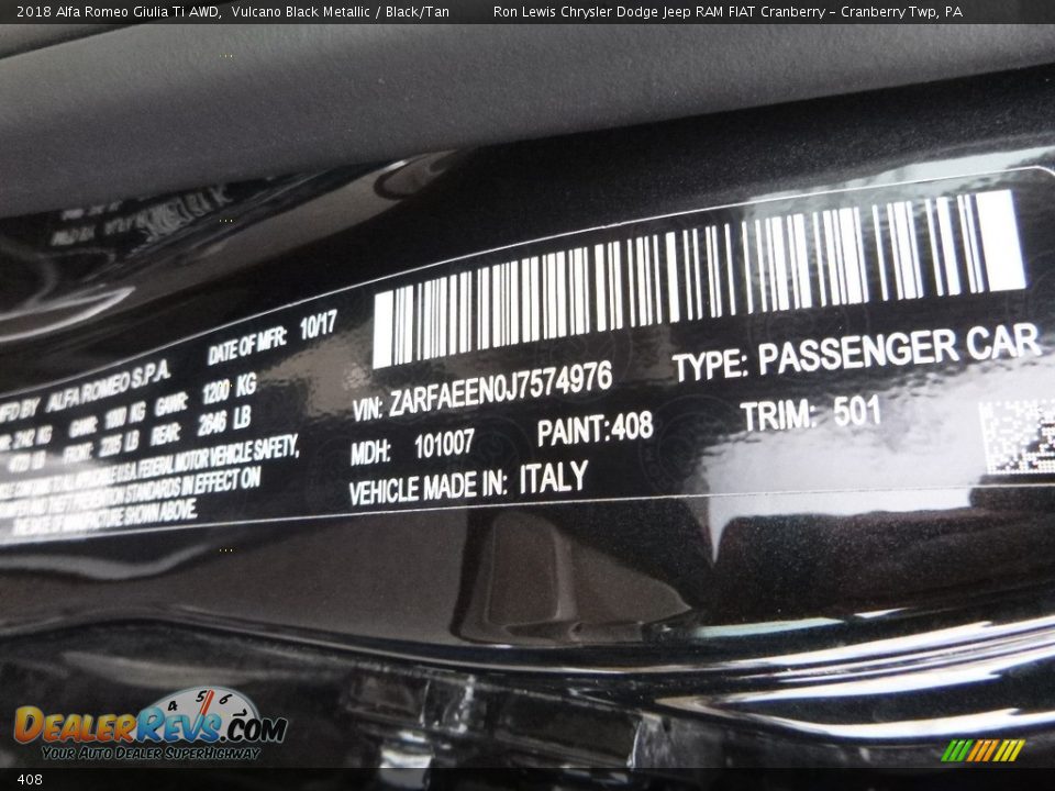 Alfa Romeo Color Code 408 Vulcano Black Metallic