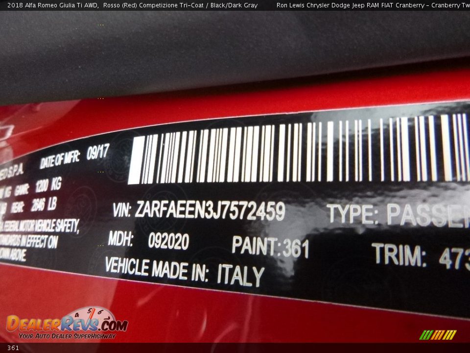 Alfa Romeo Color Code 361 Rosso (Red) Competizione Tri-Coat