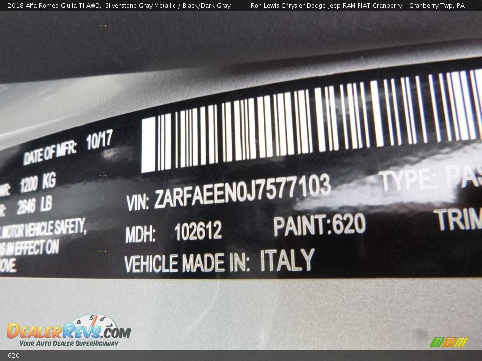 Alfa Romeo Color Code 620 Silverstone Gray Metallic