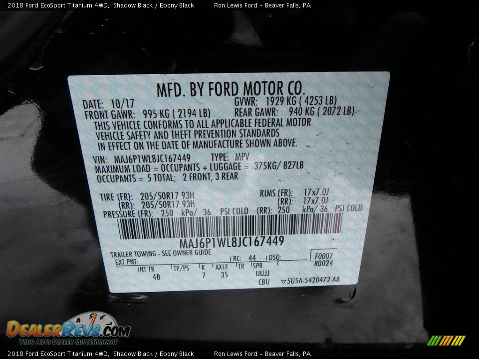 2018 Ford EcoSport Titanium 4WD Shadow Black / Ebony Black Photo #15