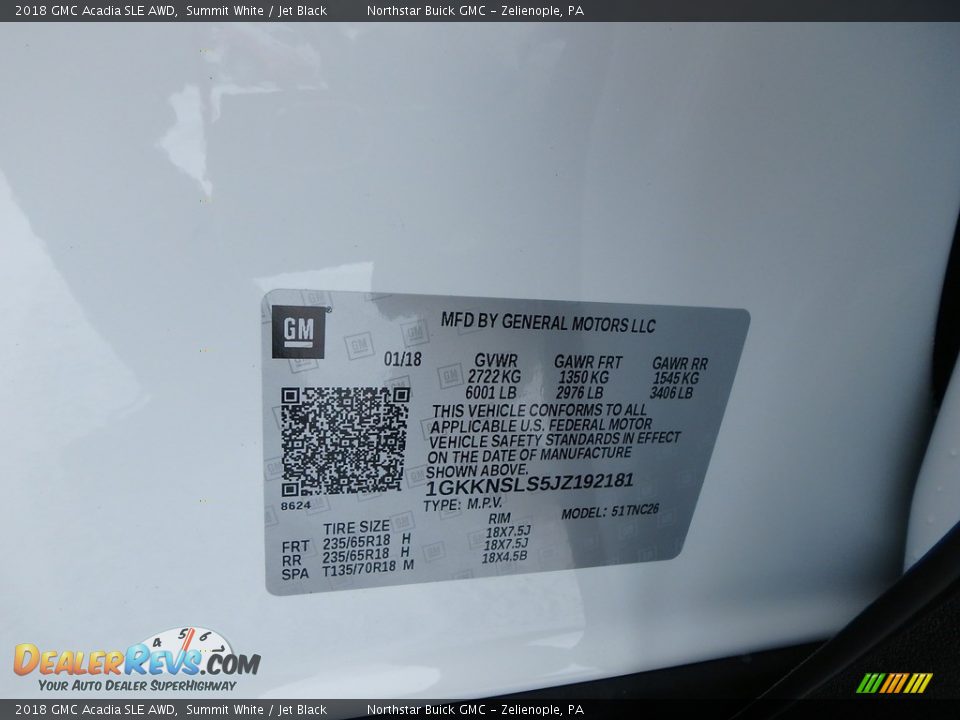 2018 GMC Acadia SLE AWD Summit White / Jet Black Photo #16