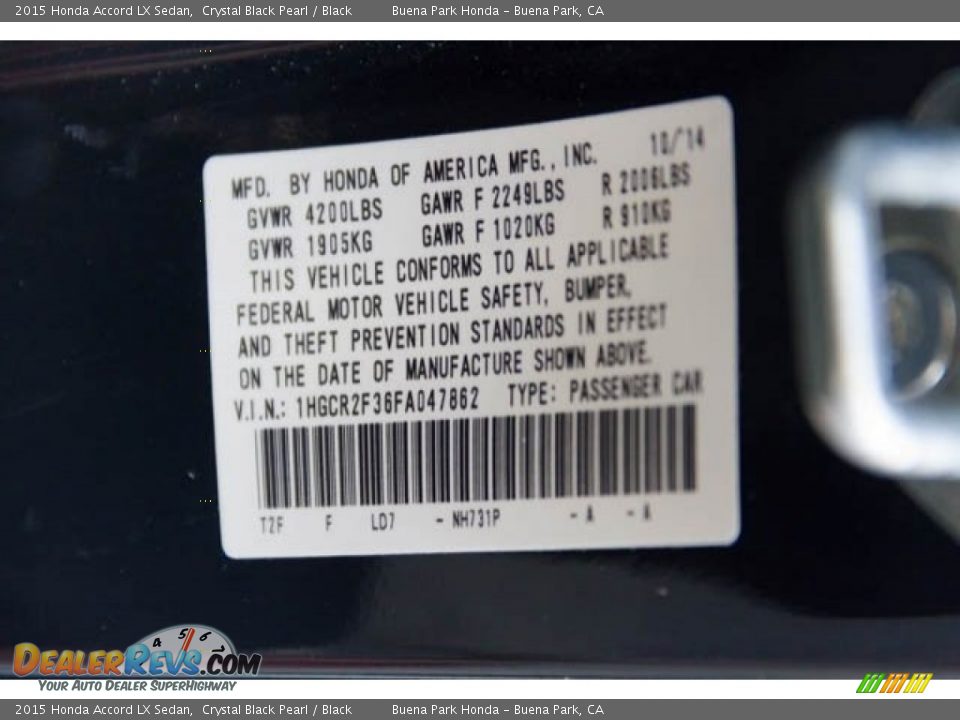 2015 Honda Accord LX Sedan Crystal Black Pearl / Black Photo #36
