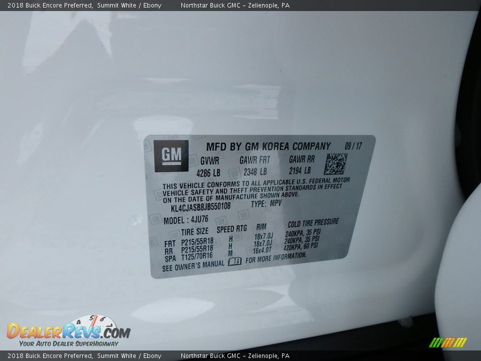 2018 Buick Encore Preferred Summit White / Ebony Photo #15