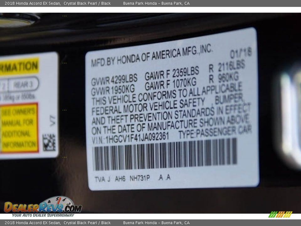 2018 Honda Accord EX Sedan Crystal Black Pearl / Black Photo #31