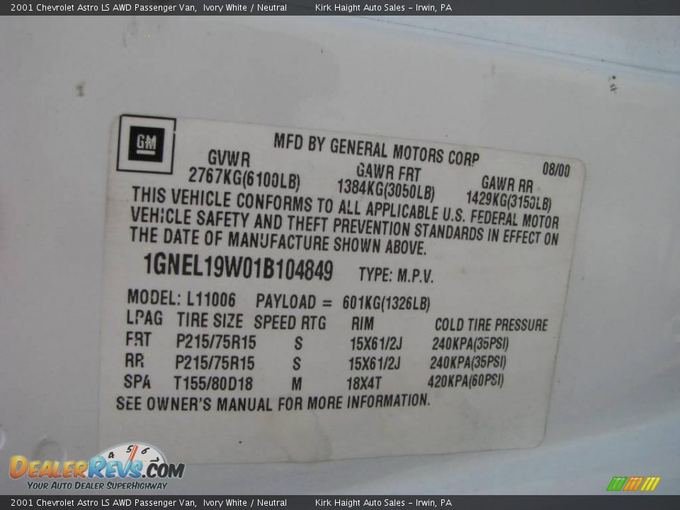 2001 Chevrolet Astro LS AWD Passenger Van Ivory White / Neutral Photo #19