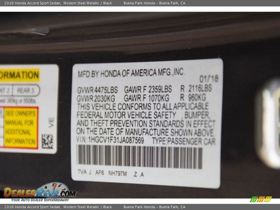 2018 Honda Accord Sport Sedan Modern Steel Metallic / Black Photo #33