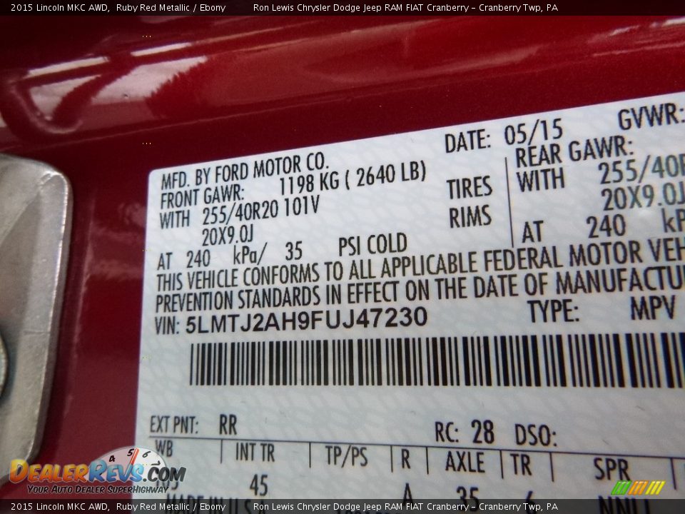 2015 Lincoln MKC AWD Ruby Red Metallic / Ebony Photo #16