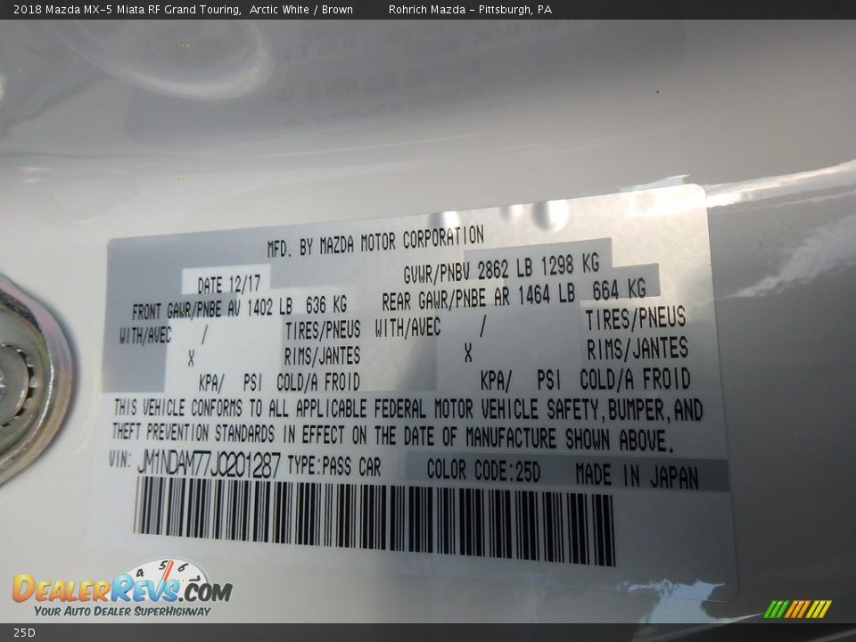 Mazda Color Code 25D Arctic White