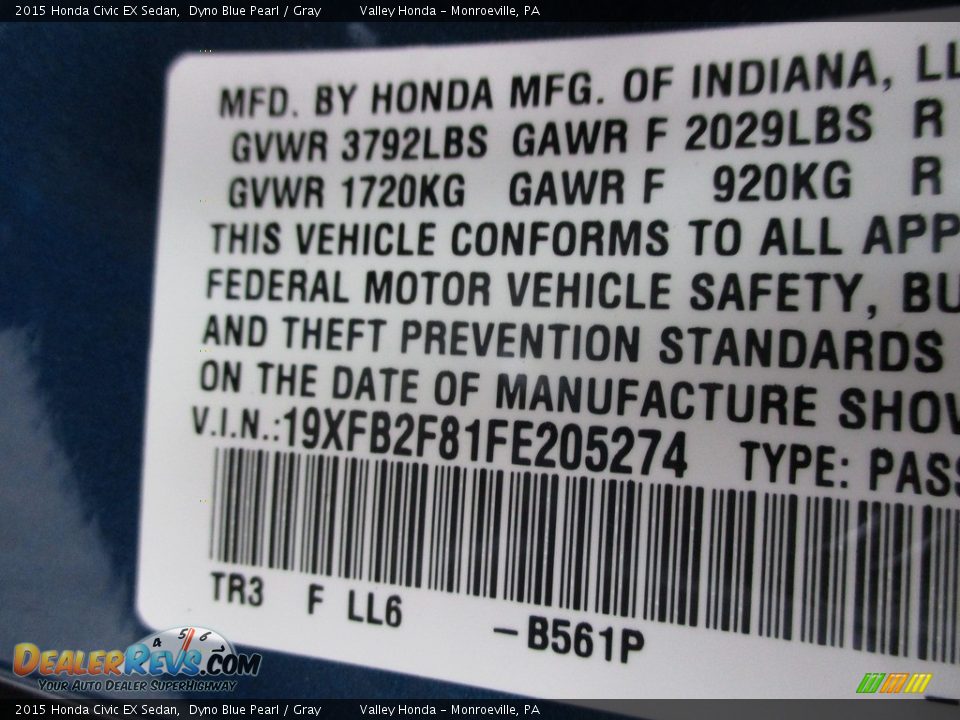 2015 Honda Civic EX Sedan Dyno Blue Pearl / Gray Photo #19