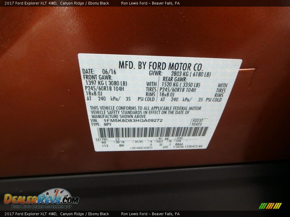 2017 Ford Explorer XLT 4WD Canyon Ridge / Ebony Black Photo #16