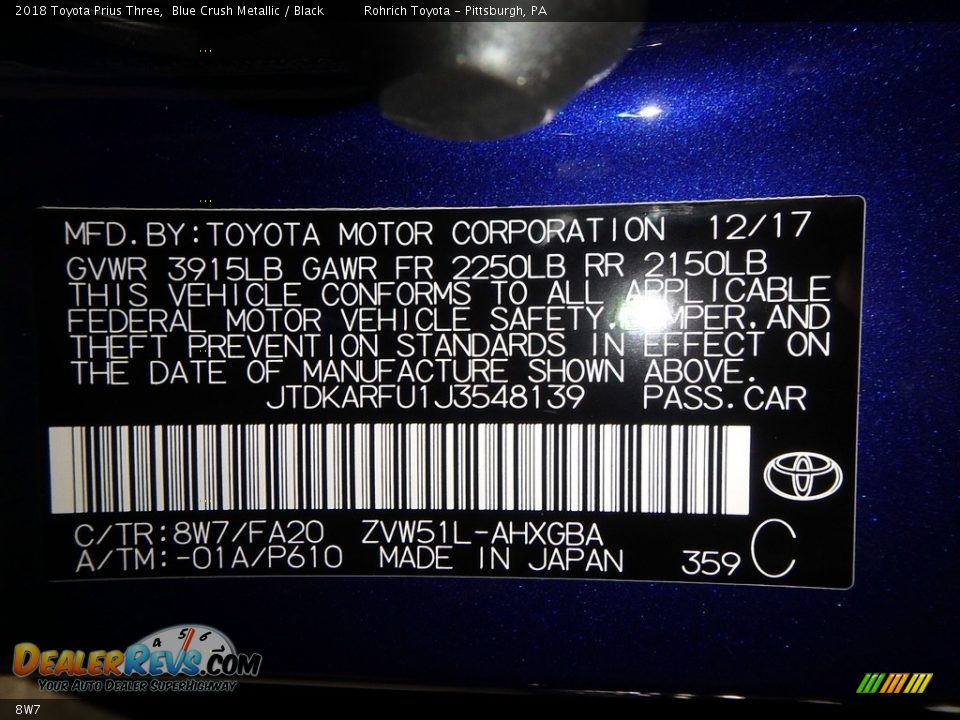 Toyota Color Code 8W7 Blue Crush Metallic