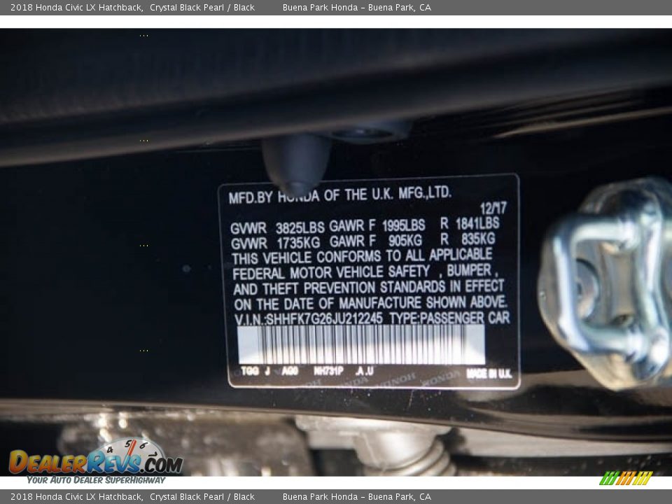 2018 Honda Civic LX Hatchback Crystal Black Pearl / Black Photo #17
