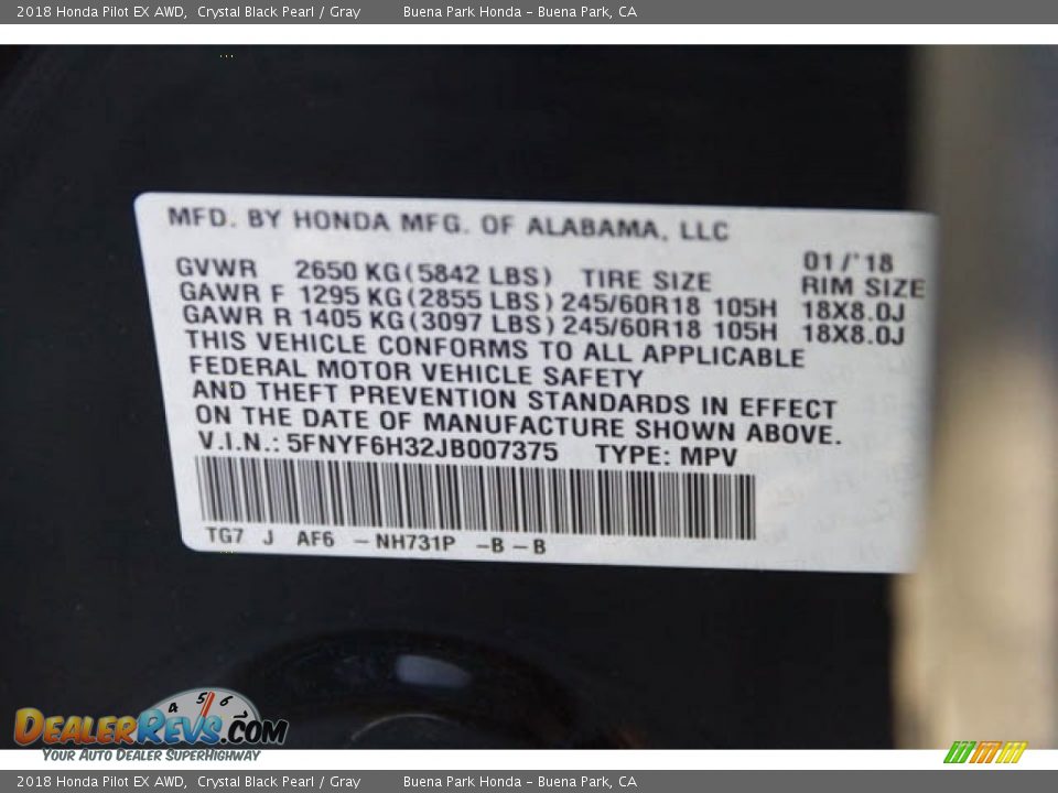 2018 Honda Pilot EX AWD Crystal Black Pearl / Gray Photo #33