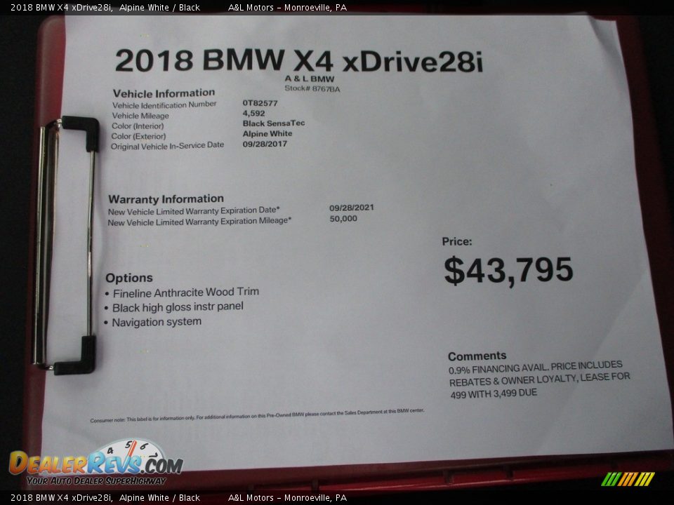 2018 BMW X4 xDrive28i Alpine White / Black Photo #12