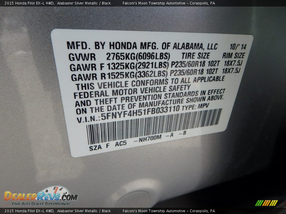 2015 Honda Pilot EX-L 4WD Alabaster Silver Metallic / Black Photo #23