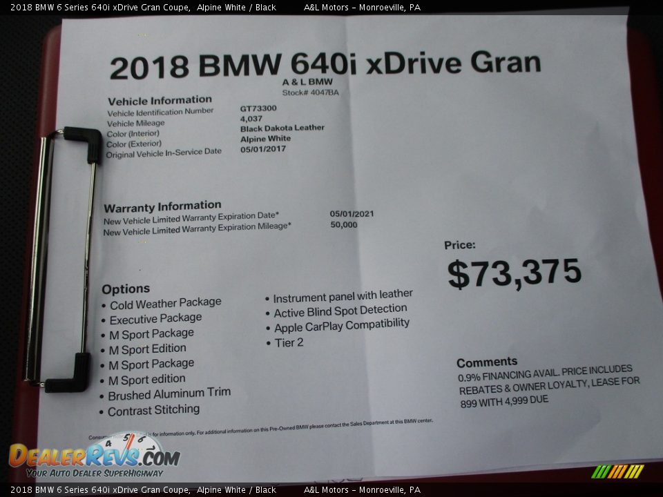 2018 BMW 6 Series 640i xDrive Gran Coupe Alpine White / Black Photo #12