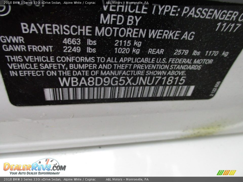 2018 BMW 3 Series 330i xDrive Sedan Alpine White / Cognac Photo #19