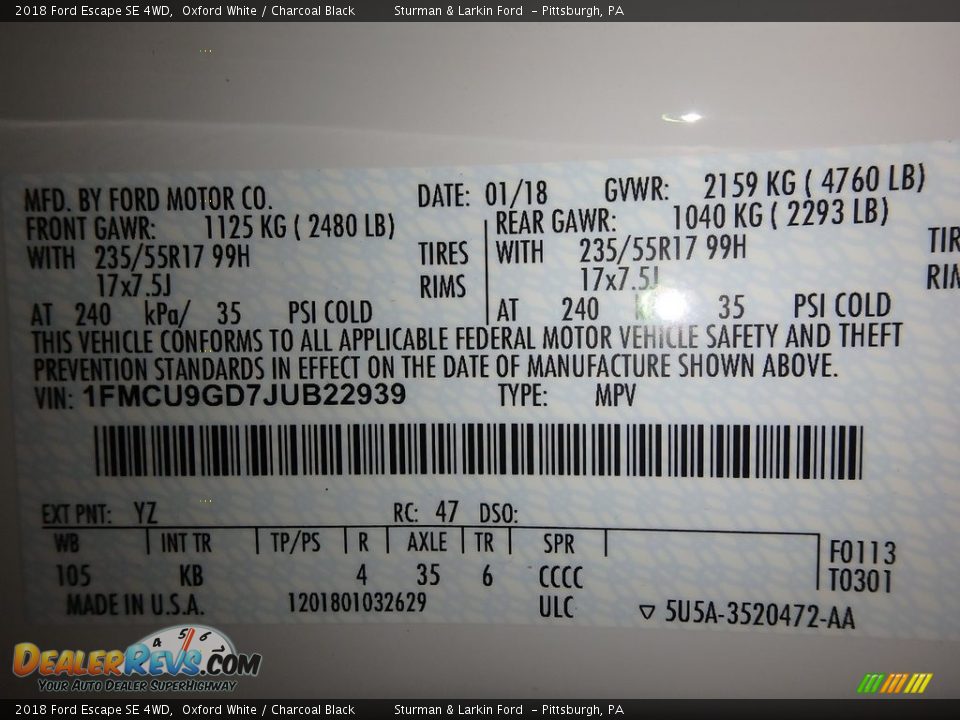 2018 Ford Escape SE 4WD Oxford White / Charcoal Black Photo #10