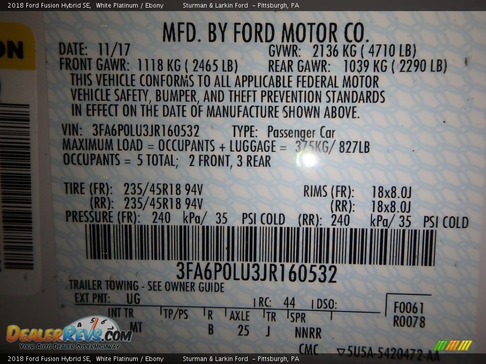 2018 Ford Fusion Hybrid SE White Platinum / Ebony Photo #10