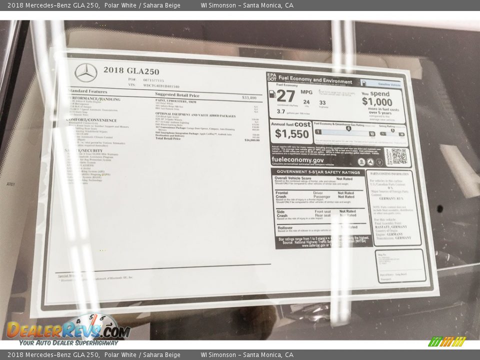 2018 Mercedes-Benz GLA 250 Window Sticker Photo #11