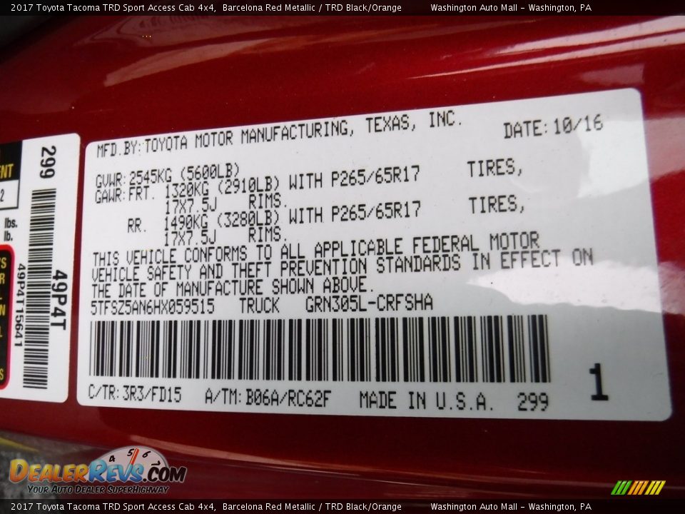2017 Toyota Tacoma TRD Sport Access Cab 4x4 Barcelona Red Metallic / TRD Black/Orange Photo #29