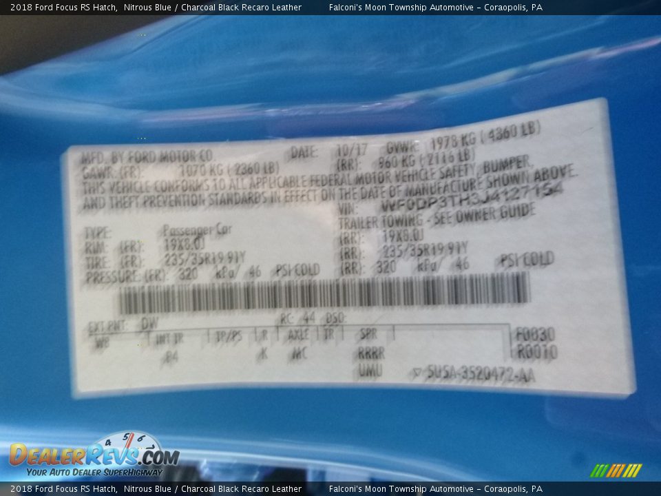 2018 Ford Focus RS Hatch Nitrous Blue / Charcoal Black Recaro Leather Photo #11