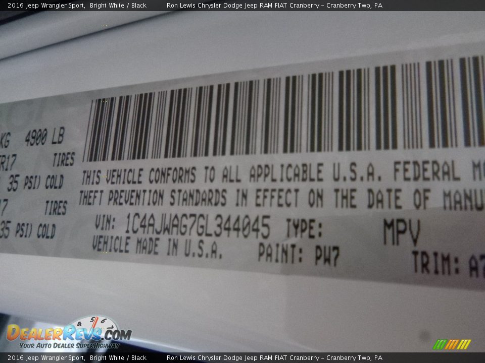 2016 Jeep Wrangler Sport Bright White / Black Photo #16