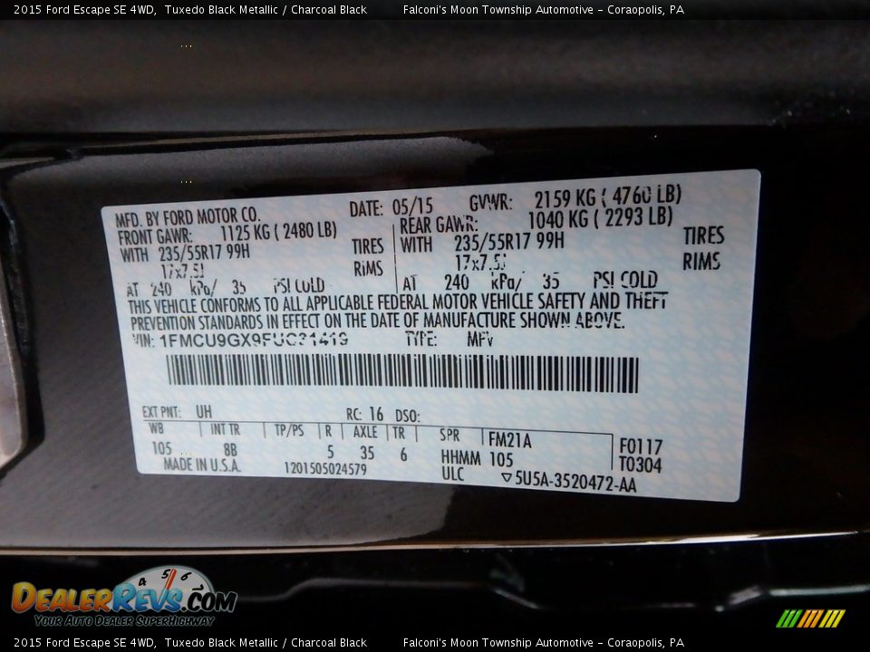 2015 Ford Escape SE 4WD Tuxedo Black Metallic / Charcoal Black Photo #23