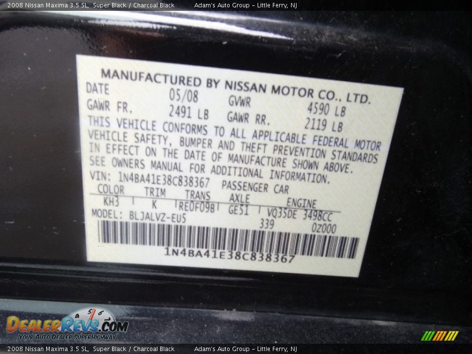 2008 Nissan Maxima 3.5 SL Super Black / Charcoal Black Photo #12