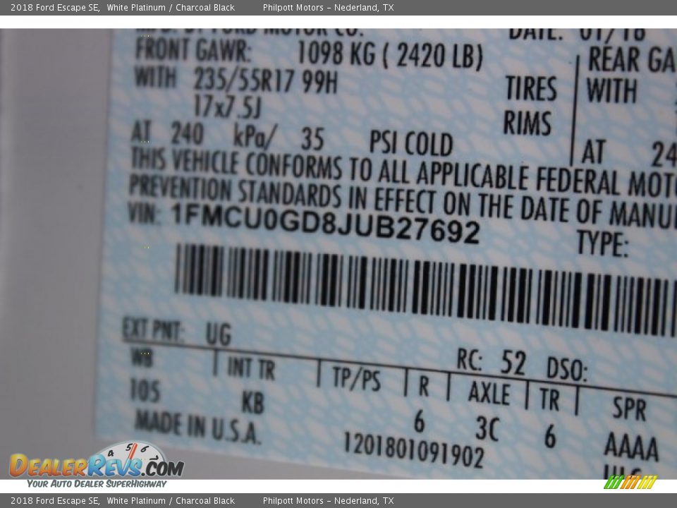 2018 Ford Escape SE White Platinum / Charcoal Black Photo #34