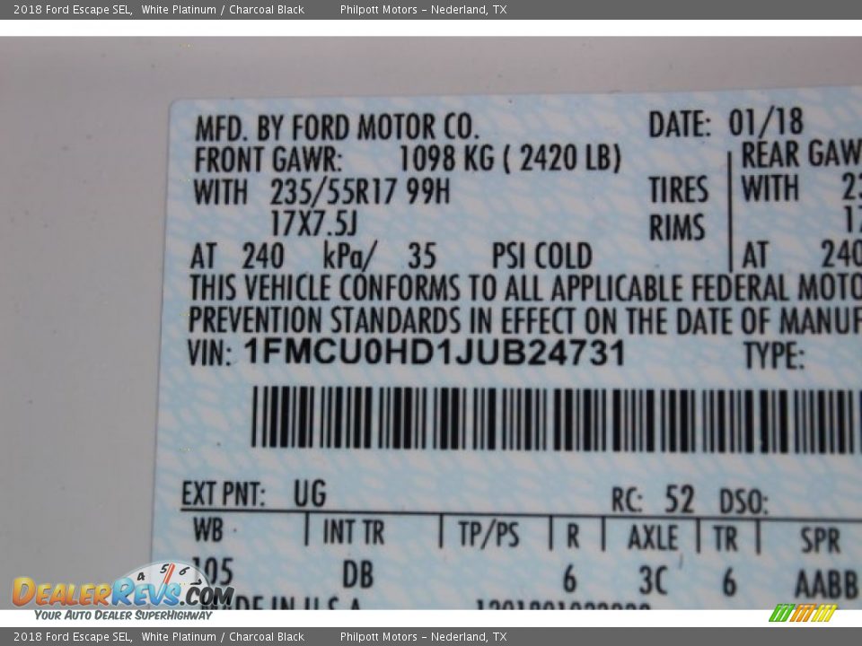 2018 Ford Escape SEL White Platinum / Charcoal Black Photo #35
