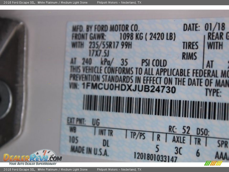 2018 Ford Escape SEL White Platinum / Medium Light Stone Photo #33