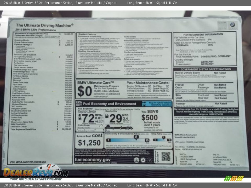 2018 BMW 5 Series 530e iPerfomance Sedan Bluestone Metallic / Cognac Photo #10