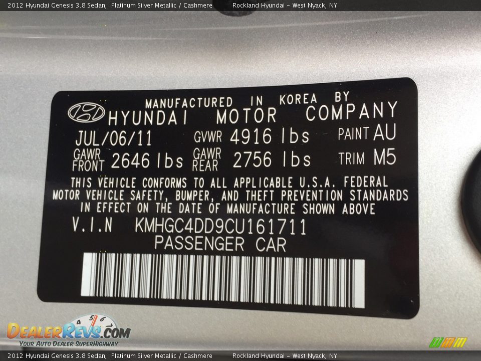 2012 Hyundai Genesis 3.8 Sedan Platinum Silver Metallic / Cashmere Photo #29