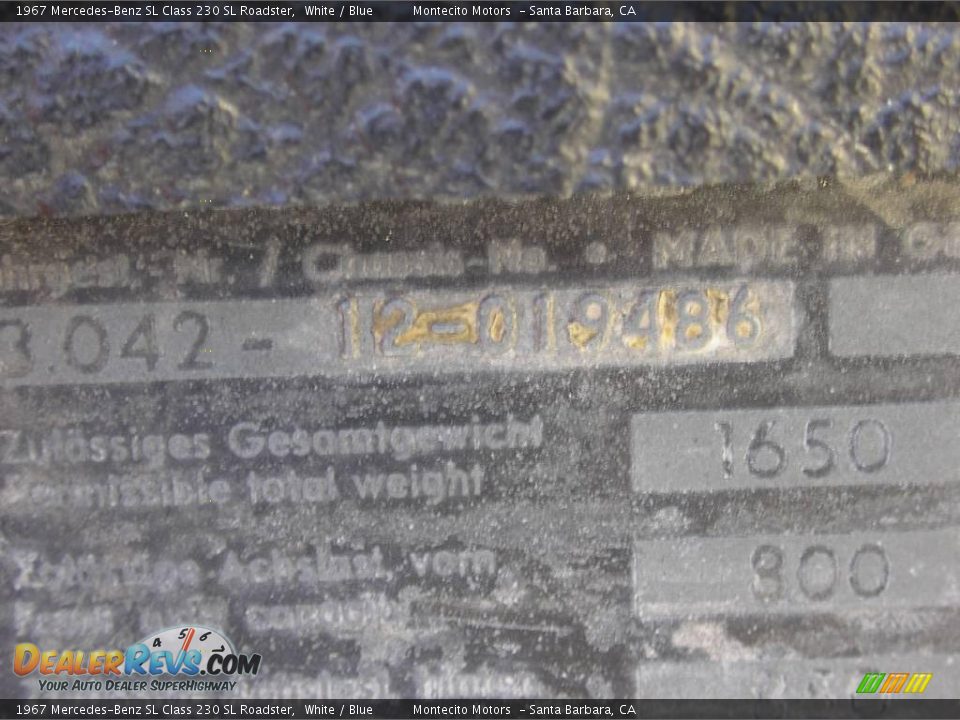 1967 Mercedes-Benz SL Class 230 SL Roadster White / Blue Photo #5