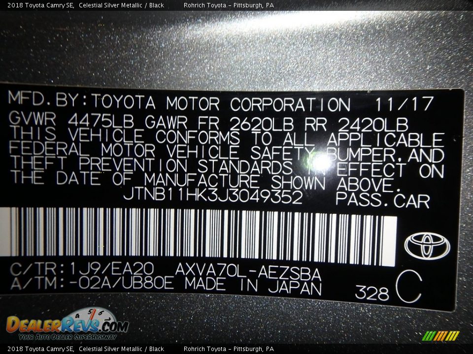 2018 Toyota Camry SE Celestial Silver Metallic / Black Photo #10