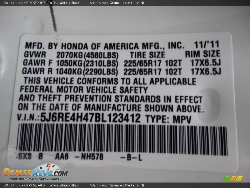 2011 Honda CR-V SE 4WD Taffeta White / Black Photo #13