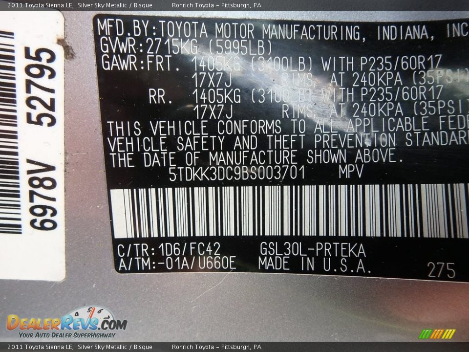 2011 Toyota Sienna LE Silver Sky Metallic / Bisque Photo #27